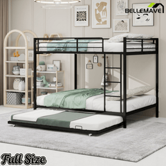 Bellemave® Bunk Bed with Trundle, Heavy Duty Metal Bunk Bed Frame with Safety Guardrails and Ladders for Small Bedroom, Kids, Teens, Adults - Bellemave