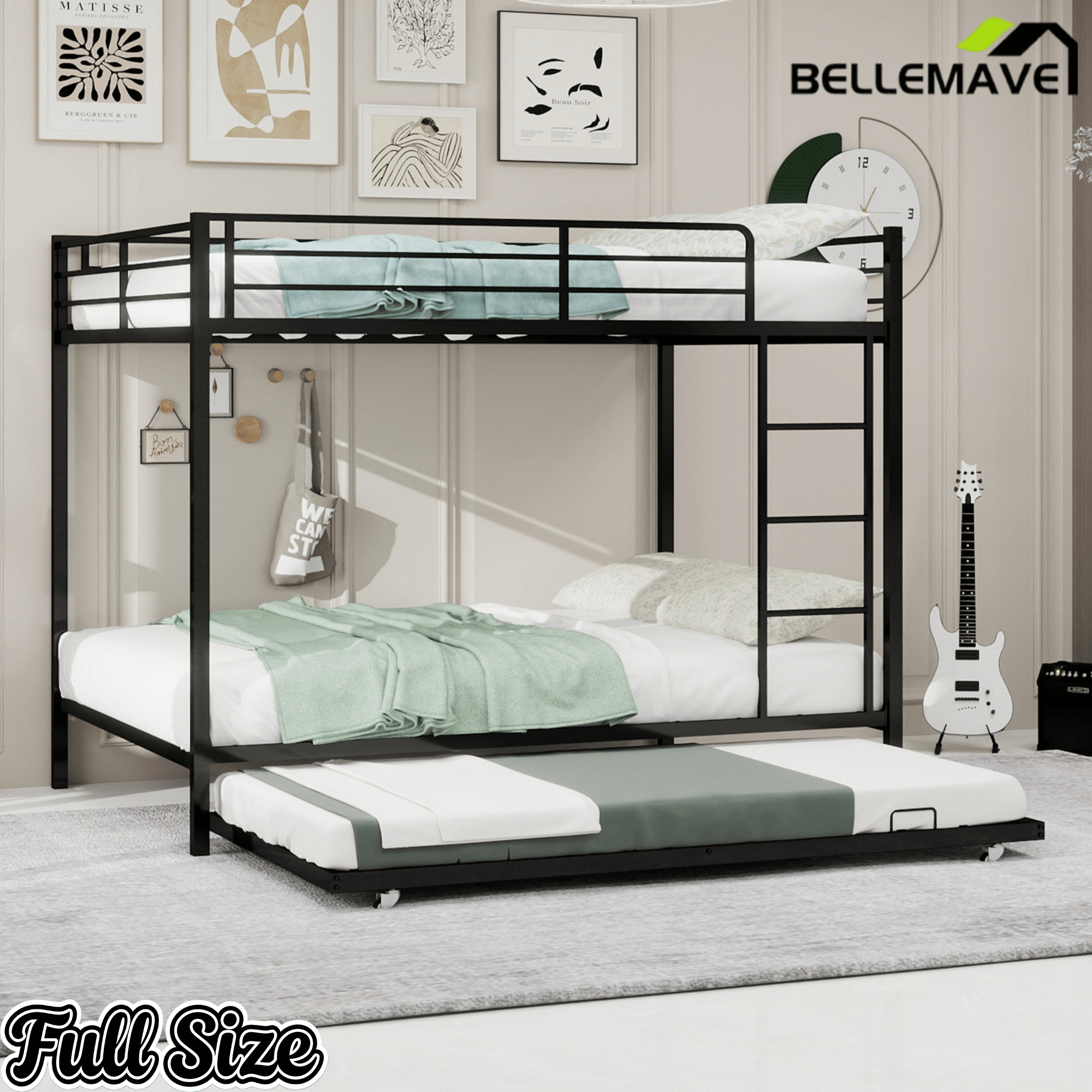 Bellemave® Bunk Bed with Trundle, Heavy Duty Metal Bunk Bed Frame with Safety Guardrails and Ladders for Small Bedroom, Kids, Teens, Adults - Bellemave