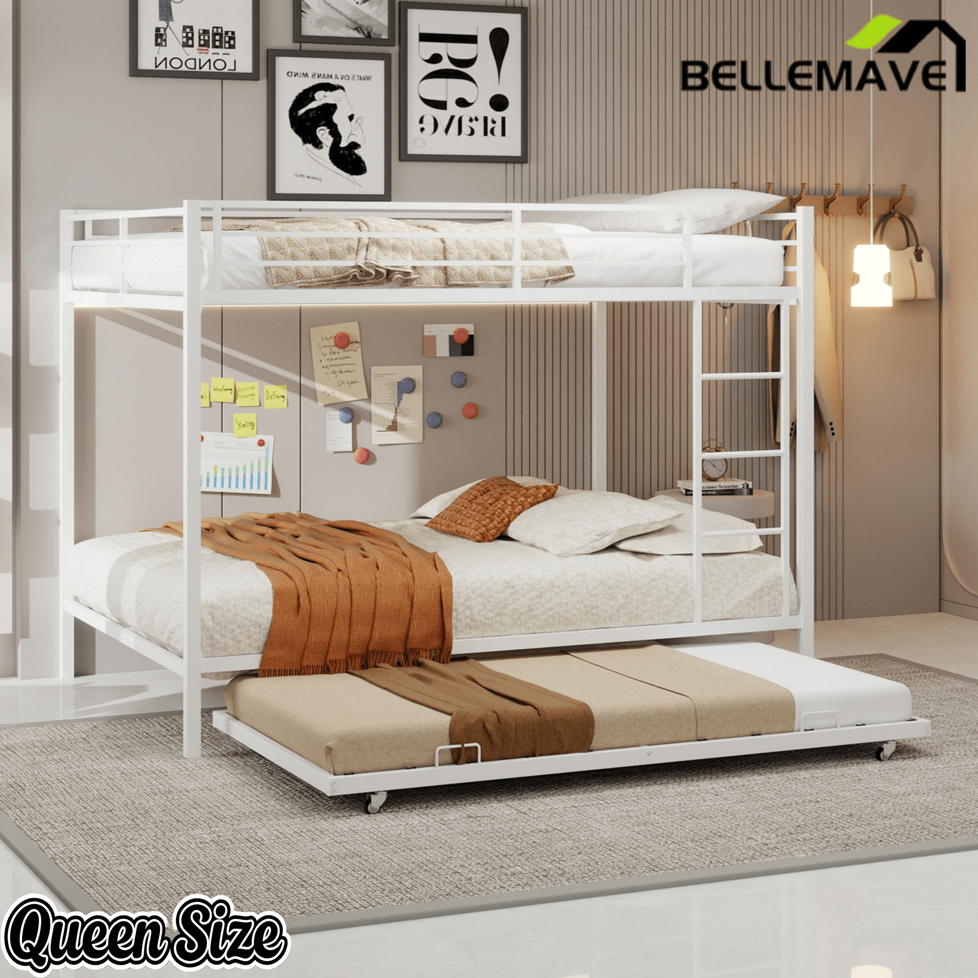 Bellemave® Bunk Bed with Trundle, Heavy Duty Metal Bunk Bed Frame with Safety Guardrails and Ladders for Small Bedroom, Kids, Teens, Adults - Bellemave