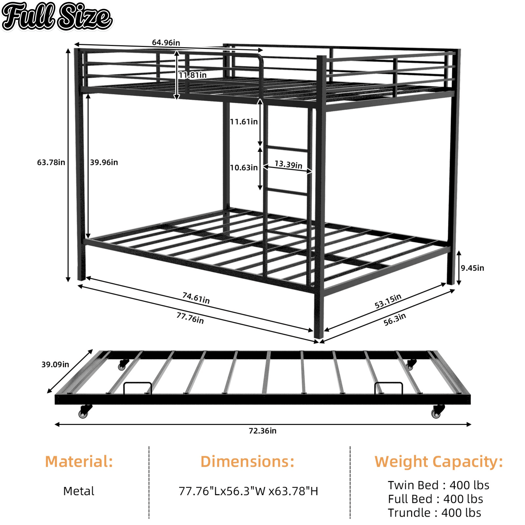 Bellemave® Bunk Bed with Trundle, Heavy Duty Metal Bunk Bed Frame with Safety Guardrails and Ladders for Small Bedroom, Kids, Teens, Adults - Bellemave