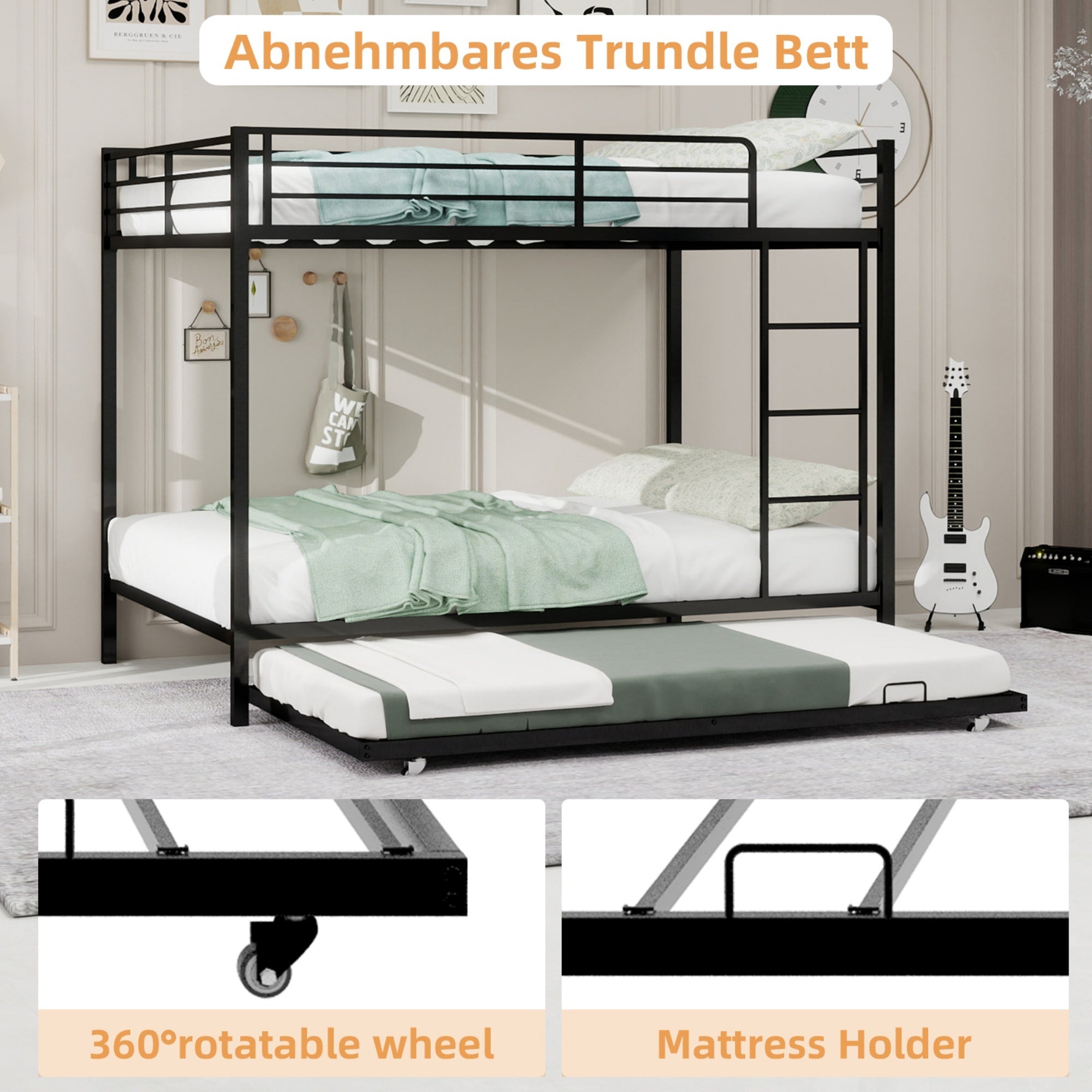 Bellemave® Bunk Bed with Trundle, Heavy Duty Metal Bunk Bed Frame with Safety Guardrails and Ladders for Small Bedroom, Kids, Teens, Adults - Bellemave