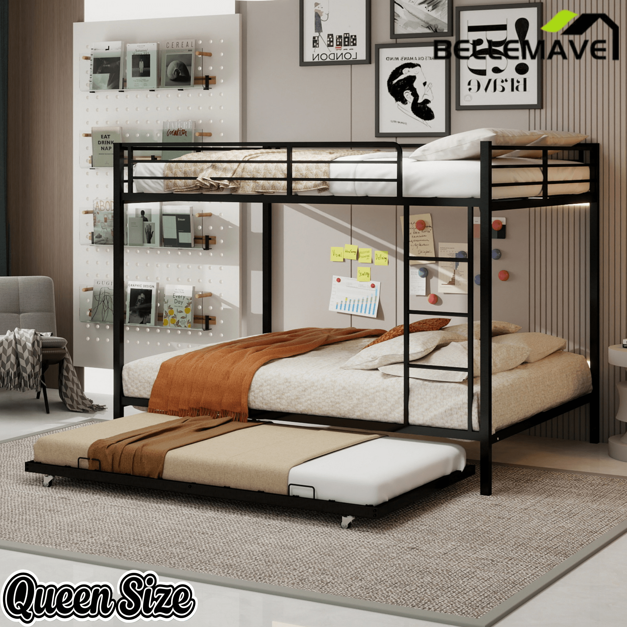 Bellemave® Bunk Bed with Trundle, Heavy Duty Metal Bunk Bed Frame with Safety Guardrails and Ladders for Small Bedroom, Kids, Teens, Adults - Bellemave