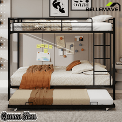 Bellemave® Bunk Bed with Trundle, Heavy Duty Metal Bunk Bed Frame with Safety Guardrails and Ladders for Small Bedroom, Kids, Teens, Adults - Bellemave