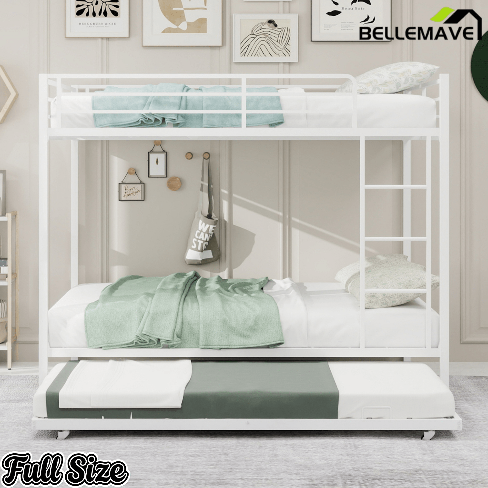 Bellemave® Bunk Bed with Trundle, Heavy Duty Metal Bunk Bed Frame with Safety Guardrails and Ladders for Small Bedroom, Kids, Teens, Adults - Bellemave