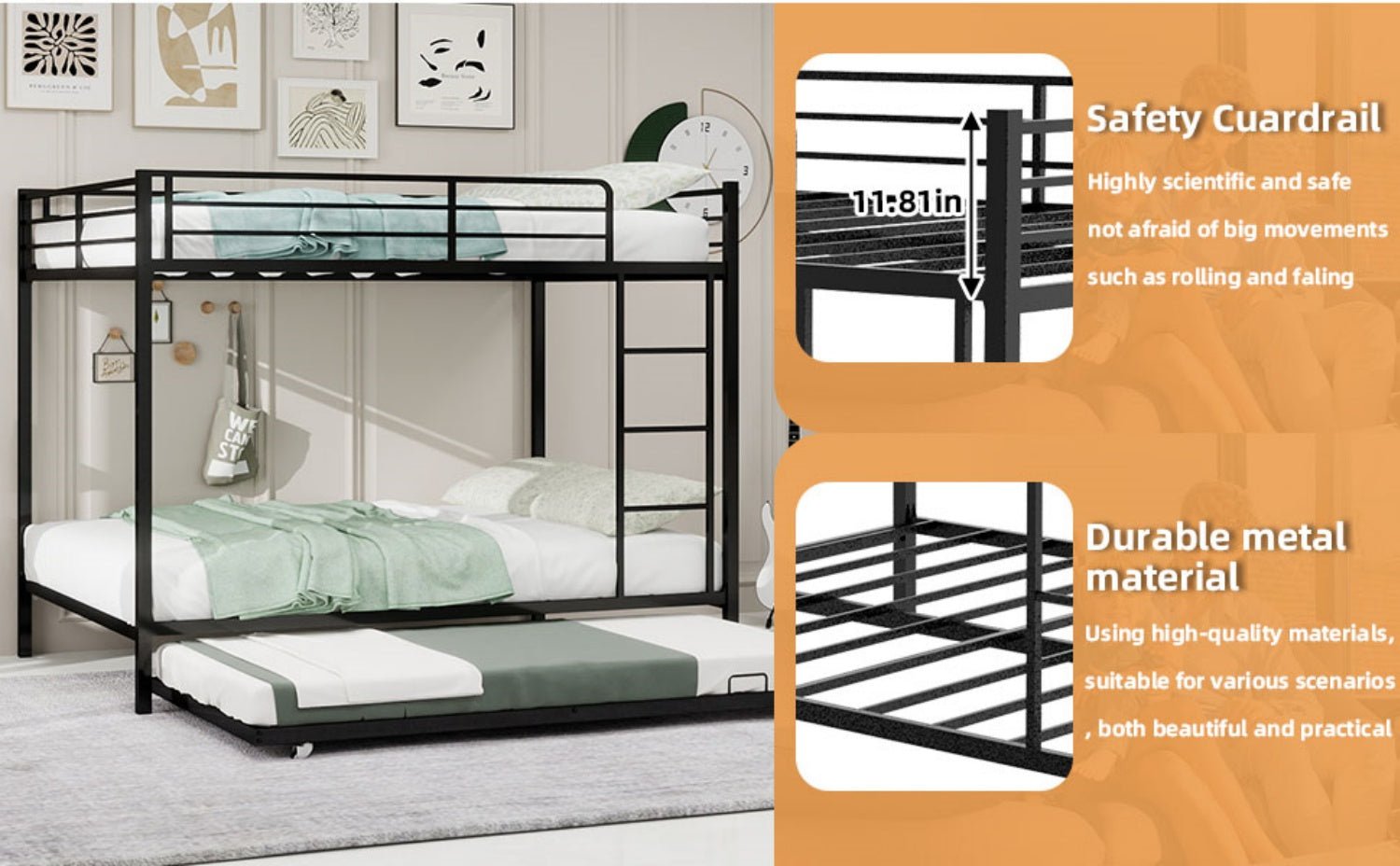 Bellemave® Bunk Bed with Trundle, Heavy Duty Metal Bunk Bed Frame with Safety Guardrails and Ladders for Small Bedroom, Kids, Teens, Adults - Bellemave