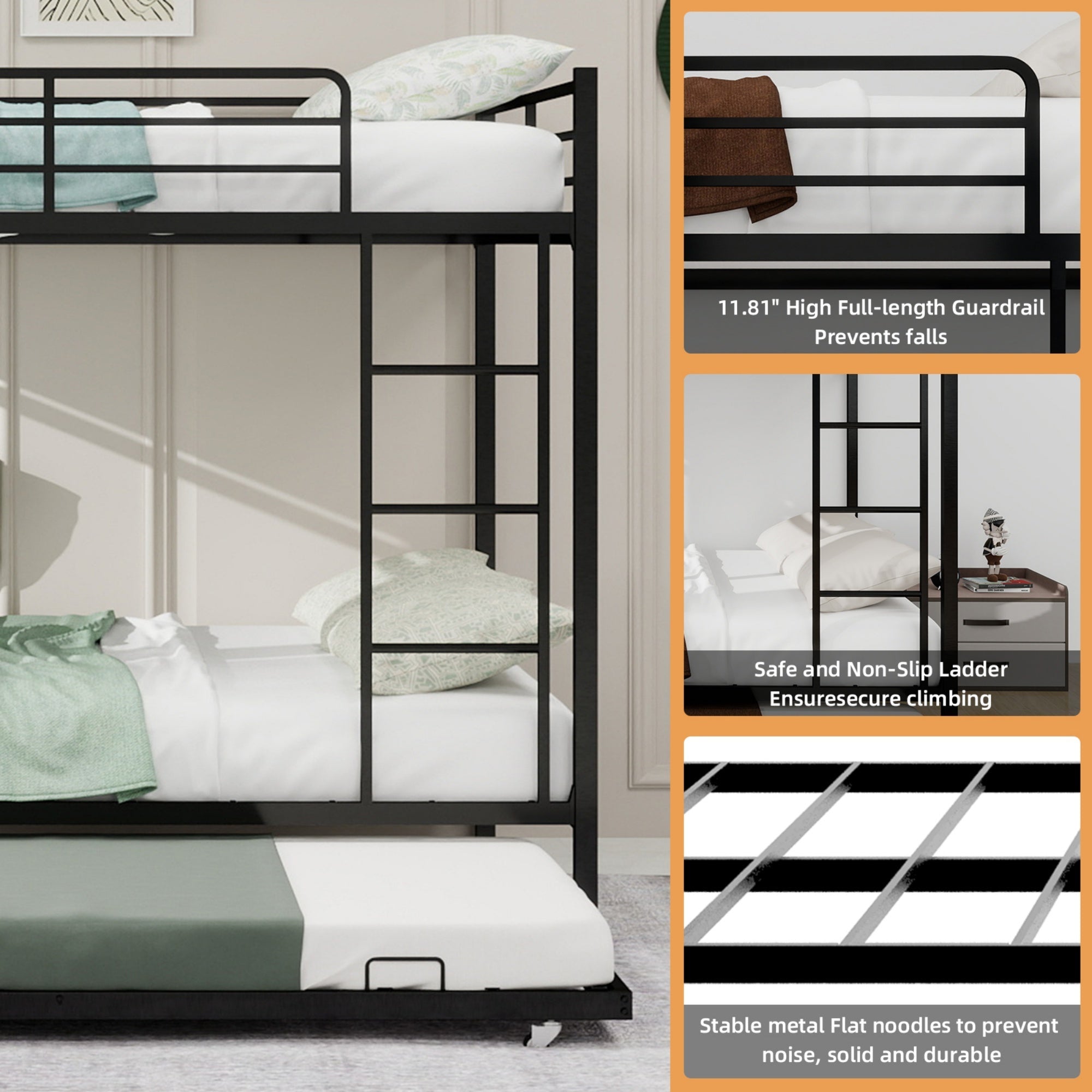 Bellemave® Bunk Bed with Trundle, Heavy Duty Metal Bunk Bed Frame with Safety Guardrails and Ladders for Small Bedroom, Kids, Teens, Adults - Bellemave