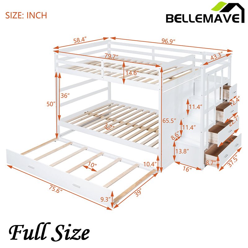 Bellemave® Bunk Bed with Twin Trundle Bed and Staircase - Bellemave