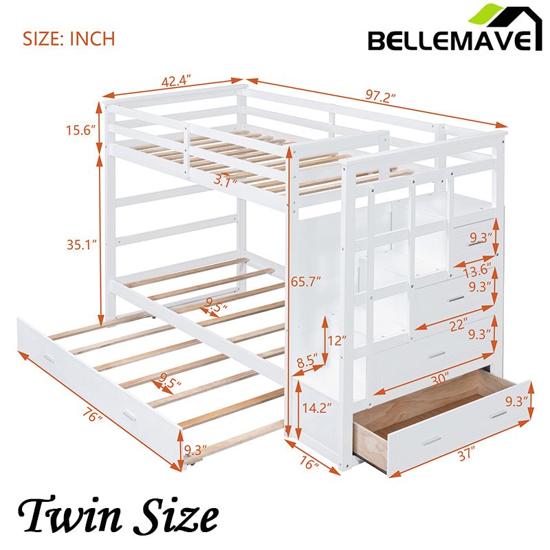 Bellemave® Bunk Bed with Twin Trundle Bed and Staircase - Bellemave