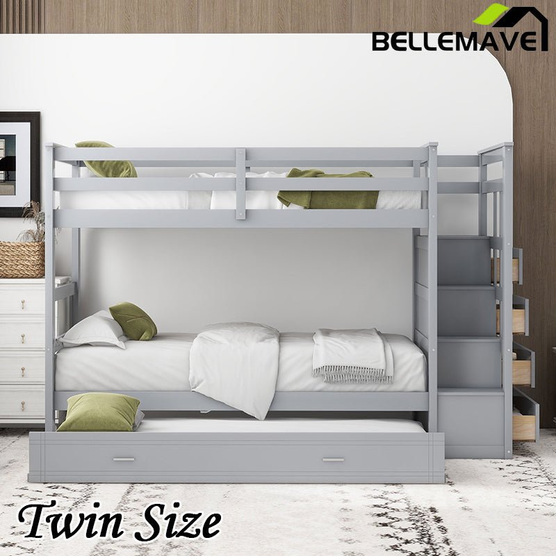 Bellemave® Bunk Bed with Twin Trundle Bed and Staircase - Bellemave