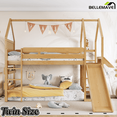 Bellemave® Bunk beds Full Over Full with Slide and Stair and Bookshelf Playful Design, Low bunk/loft Bed for Kids, Natural - Bellemave