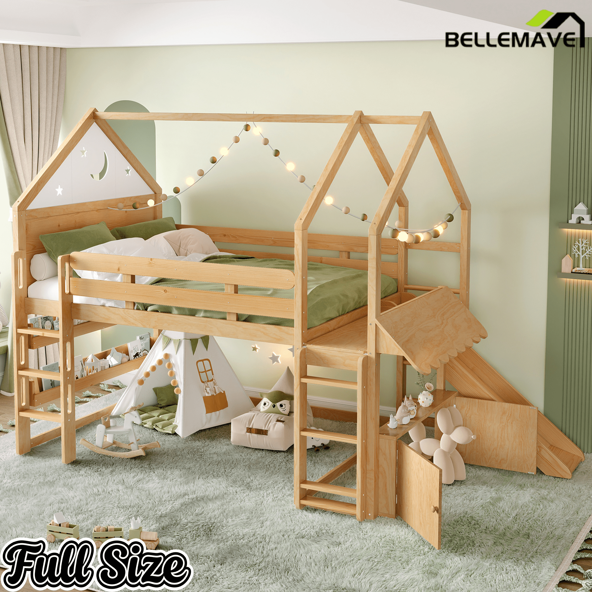 Bellemave® Bunk beds Full Over Full with Slide and Stair and Bookshelf Playful Design, Low bunk/loft Bed for Kids, Natural - Bellemave