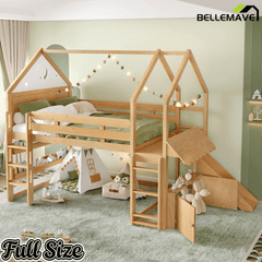 Bellemave® Bunk beds Full Over Full with Slide and Stair and Bookshelf Playful Design, Low bunk/loft Bed for Kids, Natural - Bellemave