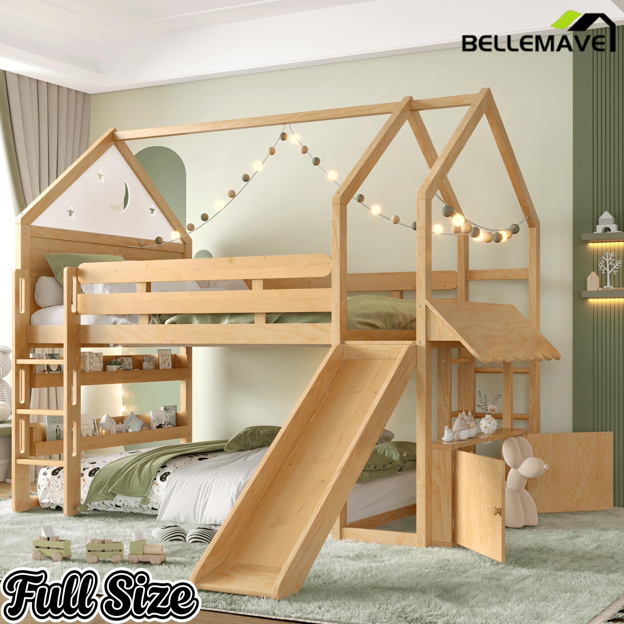 Bellemave® Bunk beds Full Over Full with Slide and Stair and Bookshelf Playful Design, Low bunk/loft Bed for Kids, Natural - Bellemave