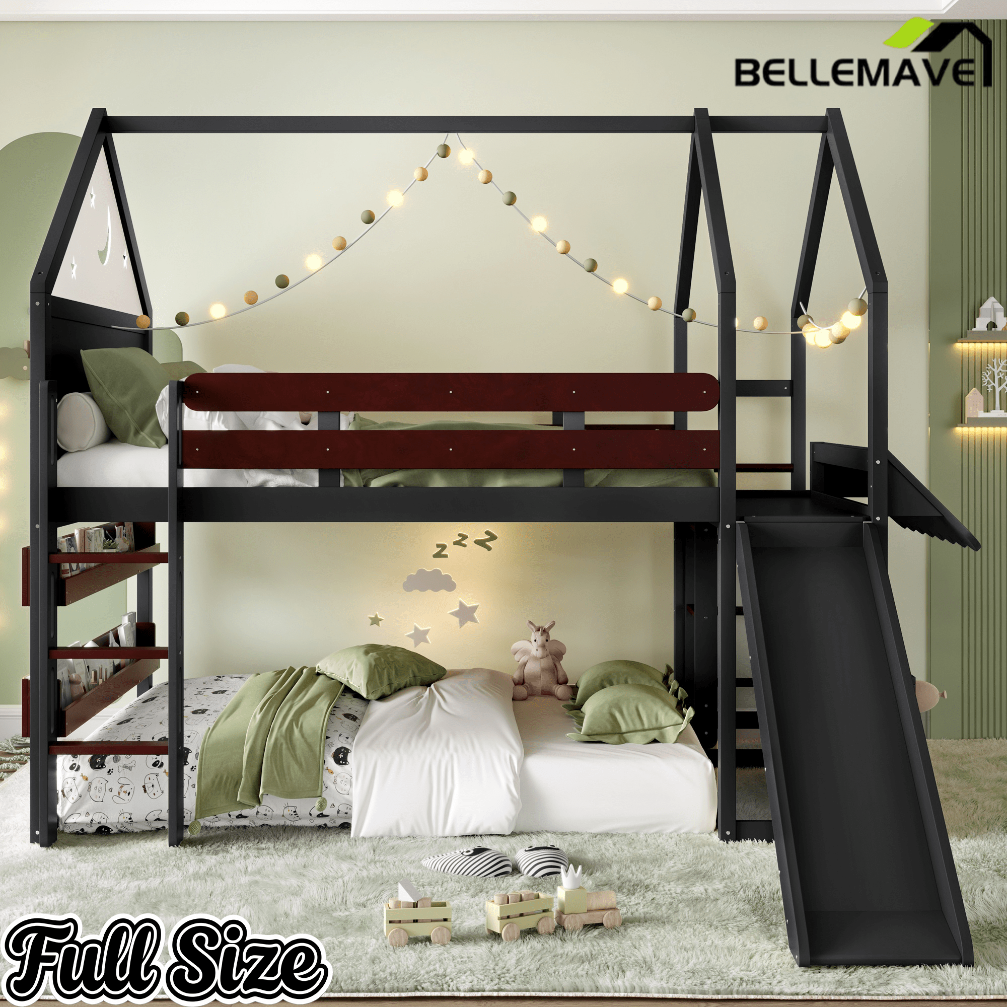 Bellemave® Bunk beds Full Over Full with Slide and Stair and Bookshelf Playful Design, Low bunk/loft Bed for Kids, Natural - Bellemave