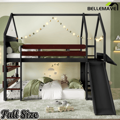 Bellemave® Bunk beds Full Over Full with Slide and Stair and Bookshelf Playful Design, Low bunk/loft Bed for Kids, Natural - Bellemave