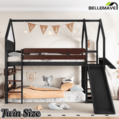 Bellemave® Bunk beds Full Over Full with Slide and Stair and Bookshelf Playful Design, Low bunk/loft Bed for Kids, Natural - Bellemave