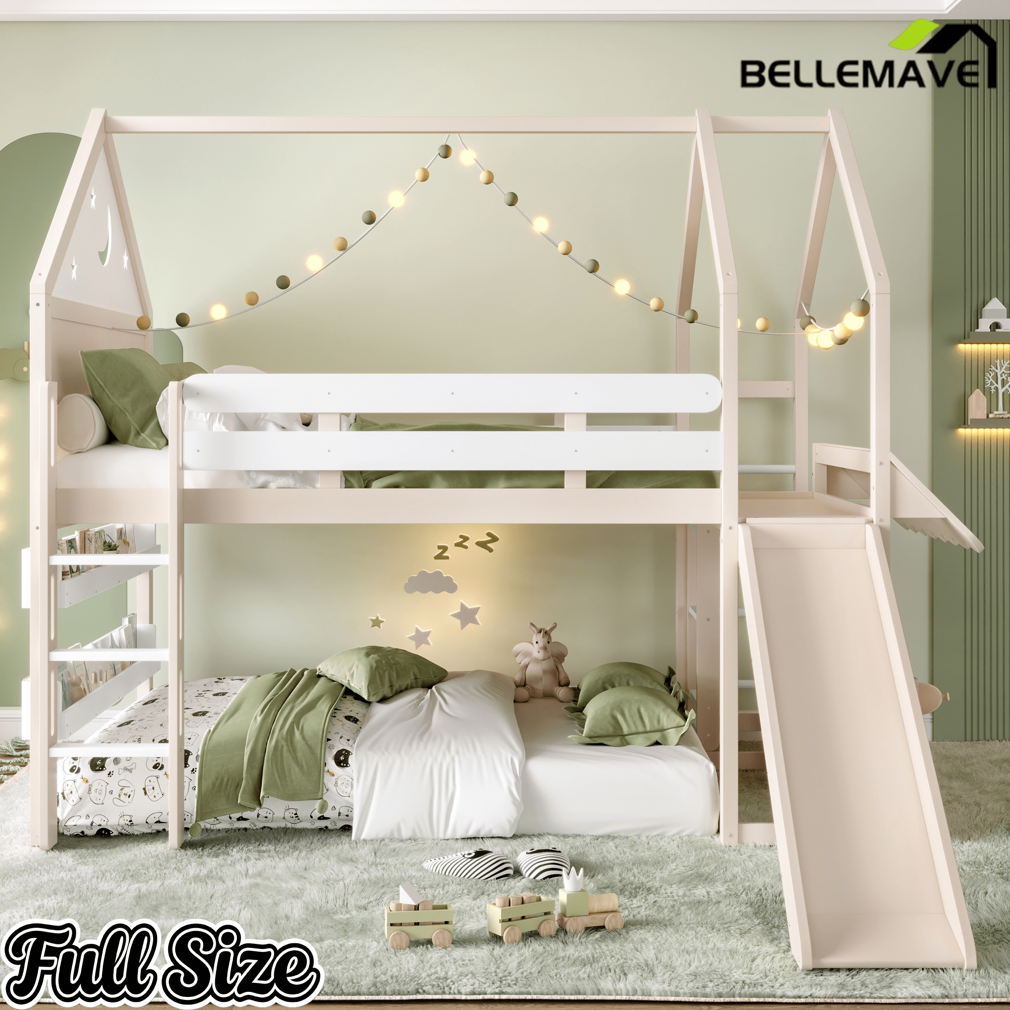 Bellemave® Bunk beds Full Over Full with Slide and Stair and Bookshelf Playful Design, Low bunk/loft Bed for Kids, Natural - Bellemave