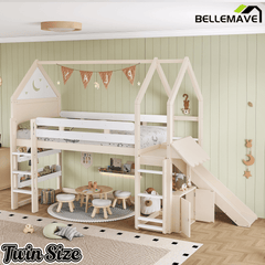 Bellemave® Bunk beds Full Over Full with Slide and Stair and Bookshelf Playful Design, Low bunk/loft Bed for Kids, Natural - Bellemave