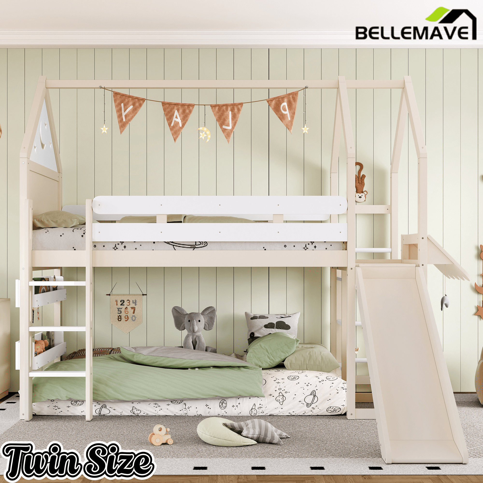 Bellemave® Bunk beds Full Over Full with Slide and Stair and Bookshelf Playful Design, Low bunk/loft Bed for Kids, Natural - Bellemave