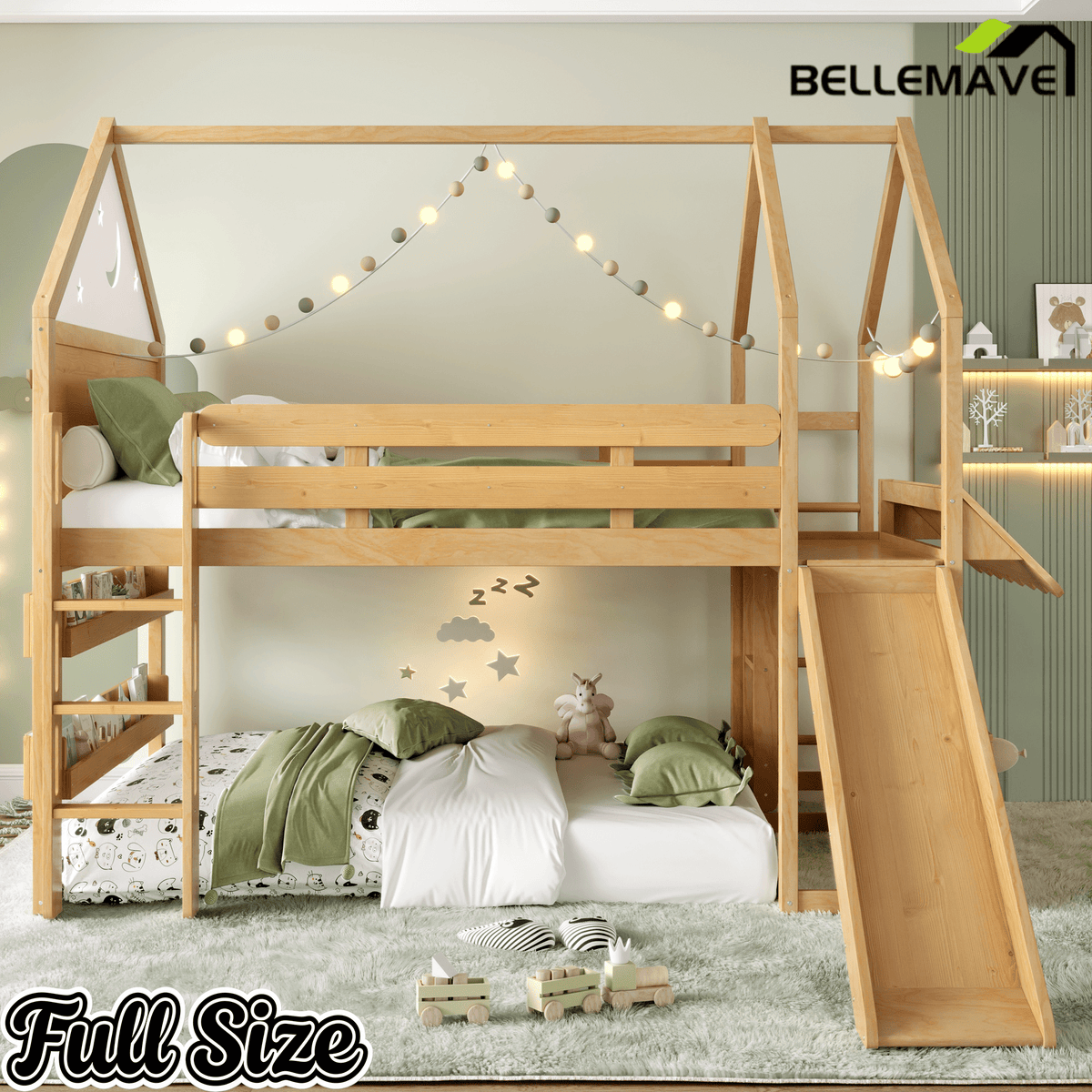 Bellemave® Bunk beds Full Over Full with Slide and Stair and Bookshelf Playful Design, Low bunk/loft Bed for Kids, Natural - Bellemave