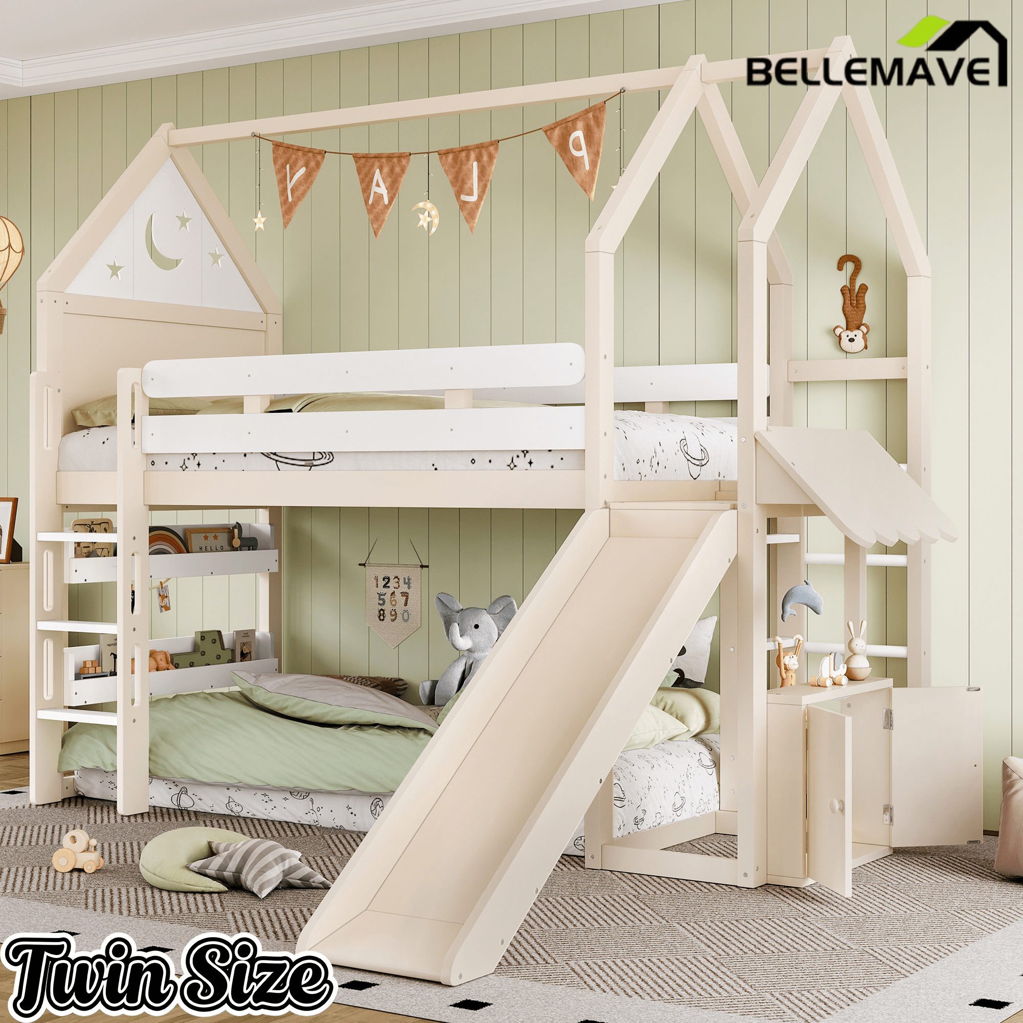 Bellemave® Bunk beds Full Over Full with Slide and Stair and Bookshelf Playful Design, Low bunk/loft Bed for Kids, Natural - Bellemave