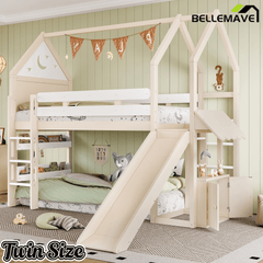 Bellemave® Bunk beds Full Over Full with Slide and Stair and Bookshelf Playful Design, Low bunk/loft Bed for Kids, Natural - Bellemave