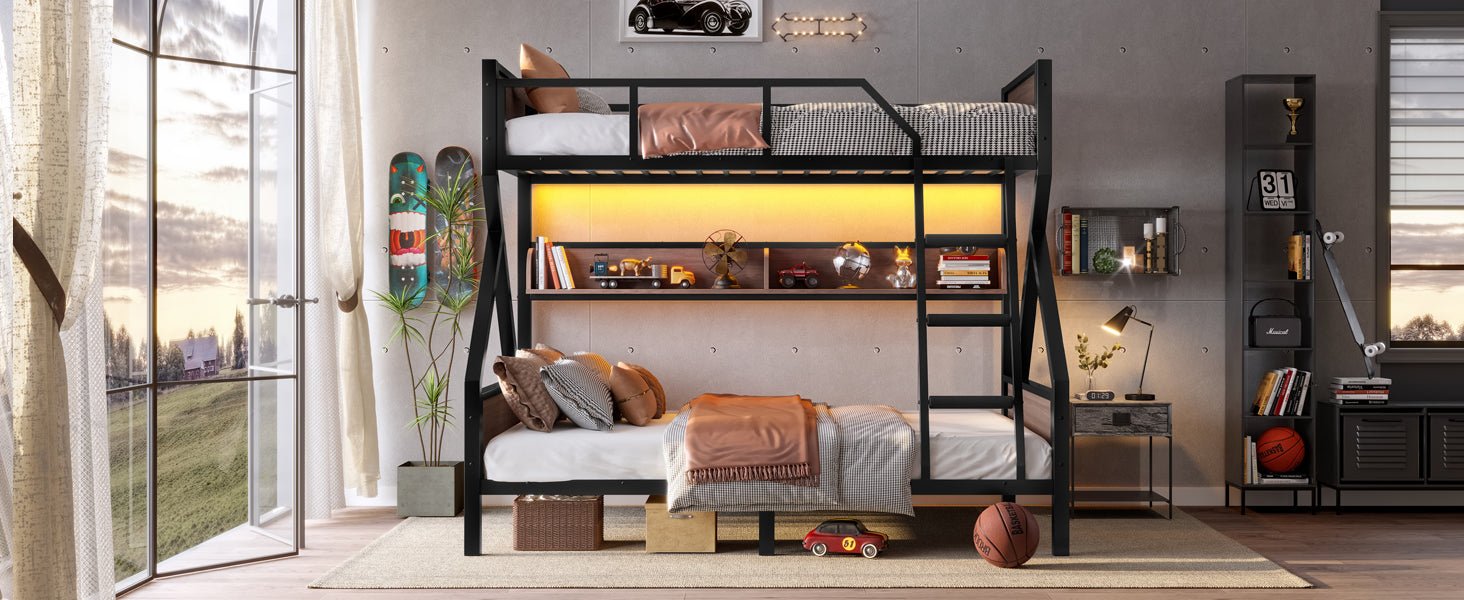 Bellemave® Bunk Beds Twin Over Full Size with Storage Shelves & LED Light, Metal Twin Over Full Bunk Bed Frame with Wood Board & Sturdy Slats, Heavy Duty Bed Frame, Noise Free, Black - Bellemave