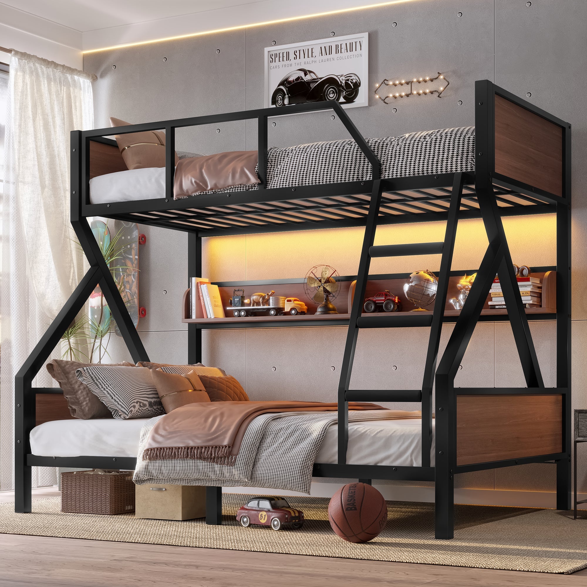 Bellemave® Bunk Beds Twin Over Full Size with Storage Shelves & LED Light, Metal Twin Over Full Bunk Bed Frame with Wood Board & Sturdy Slats, Heavy Duty Bed Frame, Noise Free, Black - Bellemave