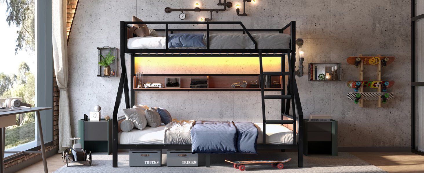 Bellemave® Bunk Beds Twin Over Full Size with Storage Shelves & LED Light, Metal Twin Over Full Bunk Bed Frame with Wood Board & Sturdy Slats, Heavy Duty Bed Frame, Noise Free, Black - Bellemave