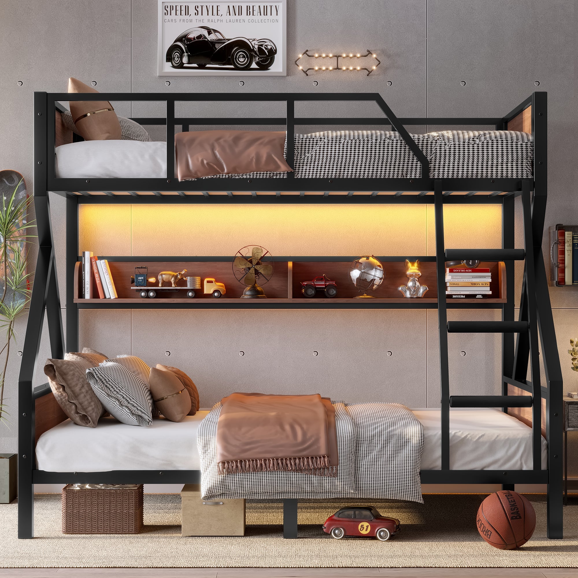 Bellemave® Bunk Beds Twin Over Full Size with Storage Shelves & LED Light, Metal Twin Over Full Bunk Bed Frame with Wood Board & Sturdy Slats, Heavy Duty Bed Frame, Noise Free, Black - Bellemave