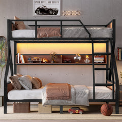 Bellemave® Bunk Beds Twin Over Full Size with Storage Shelves & LED Light, Metal Twin Over Full Bunk Bed Frame with Wood Board & Sturdy Slats, Heavy Duty Bed Frame, Noise Free, Black - Bellemave
