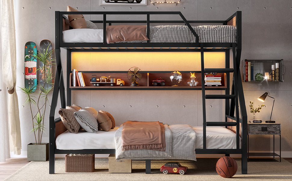 Bellemave® Bunk Beds Twin Over Full Size with Storage Shelves & LED Light, Metal Twin Over Full Bunk Bed Frame with Wood Board & Sturdy Slats, Heavy Duty Bed Frame, Noise Free, Black - Bellemave
