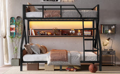 Bellemave® Bunk Beds Twin Over Full Size with Storage Shelves & LED Light, Metal Twin Over Full Bunk Bed Frame with Wood Board & Sturdy Slats, Heavy Duty Bed Frame, Noise Free, Black - Bellemave