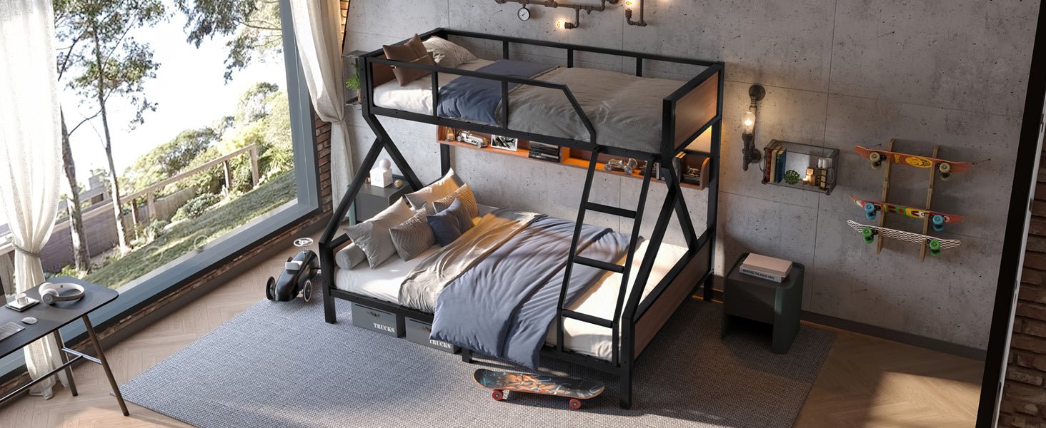 Bellemave® Bunk Beds Twin Over Full Size with Storage Shelves & LED Light, Metal Twin Over Full Bunk Bed Frame with Wood Board & Sturdy Slats, Heavy Duty Bed Frame, Noise Free, Black - Bellemave