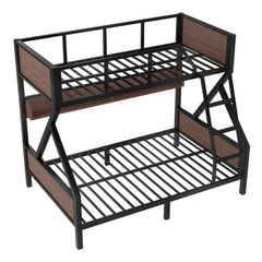 Bellemave® Bunk Beds Twin Over Full Size with Storage Shelves & LED Light, Metal Twin Over Full Bunk Bed Frame with Wood Board & Sturdy Slats, Heavy Duty Bed Frame, Noise Free, Black - Bellemave