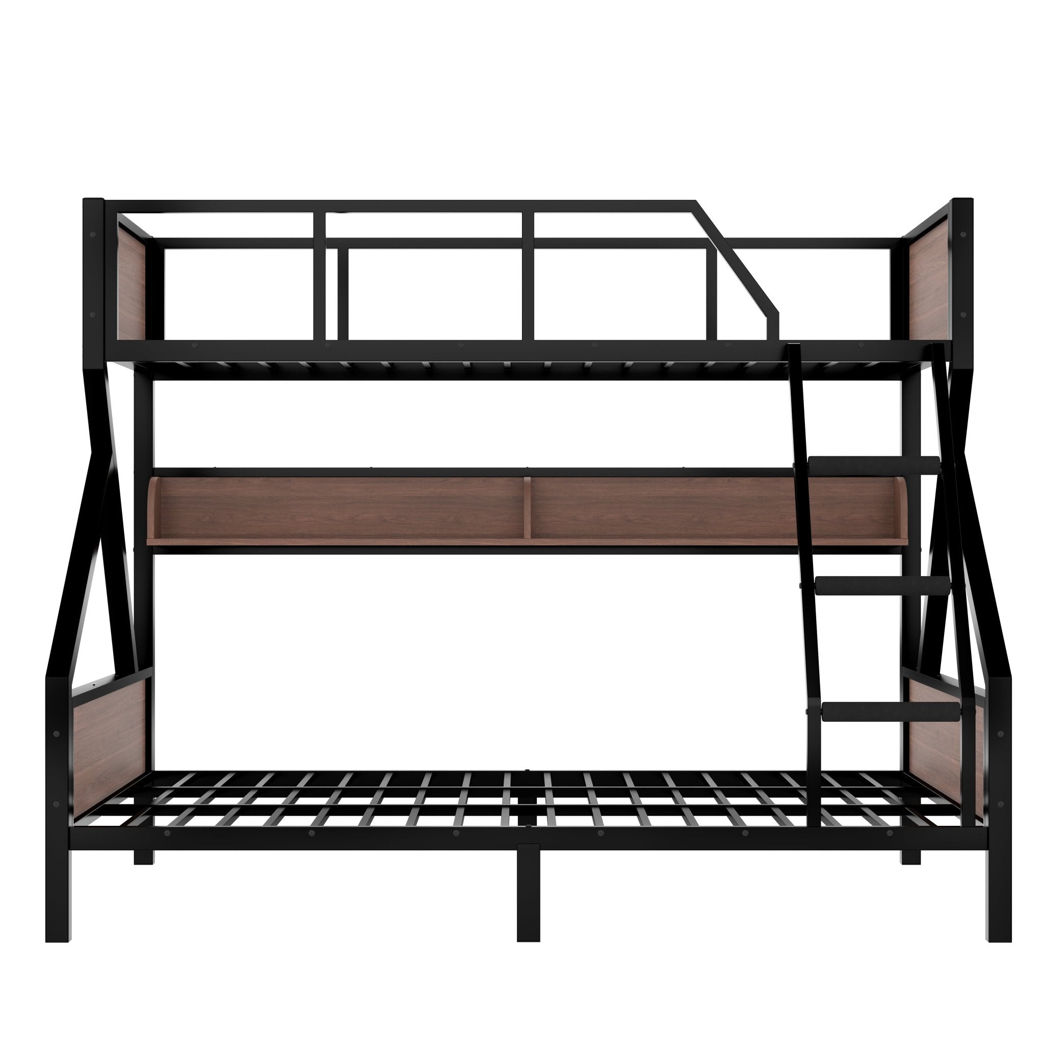 Bellemave® Bunk Beds Twin Over Full Size with Storage Shelves & LED Light, Metal Twin Over Full Bunk Bed Frame with Wood Board & Sturdy Slats, Heavy Duty Bed Frame, Noise Free, Black - Bellemave