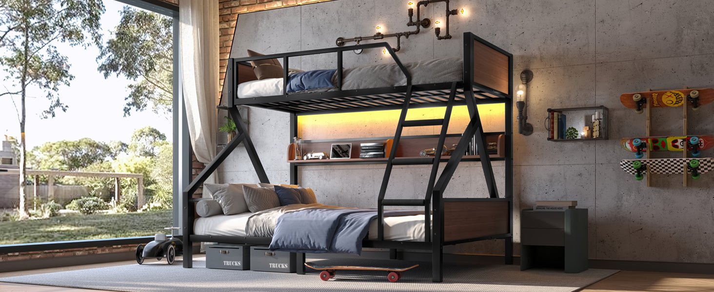 Bellemave® Bunk Beds Twin Over Full Size with Storage Shelves & LED Light, Metal Twin Over Full Bunk Bed Frame with Wood Board & Sturdy Slats, Heavy Duty Bed Frame, Noise Free, Black - Bellemave