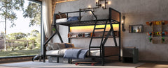 Bellemave® Bunk Beds Twin Over Full Size with Storage Shelves & LED Light, Metal Twin Over Full Bunk Bed Frame with Wood Board & Sturdy Slats, Heavy Duty Bed Frame, Noise Free, Black - Bellemave