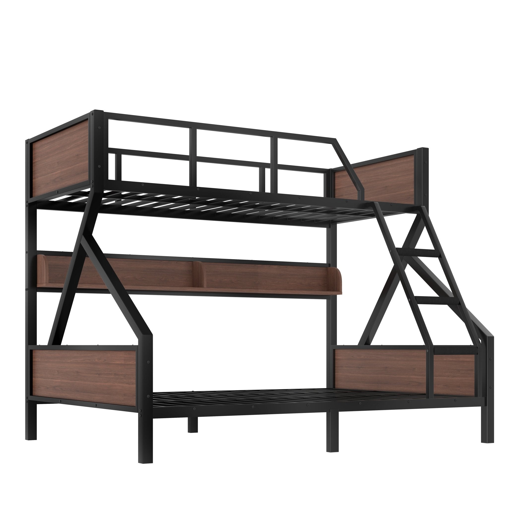 Bellemave® Bunk Beds Twin Over Full Size with Storage Shelves & LED Light, Metal Twin Over Full Bunk Bed Frame with Wood Board & Sturdy Slats, Heavy Duty Bed Frame, Noise Free, Black - Bellemave