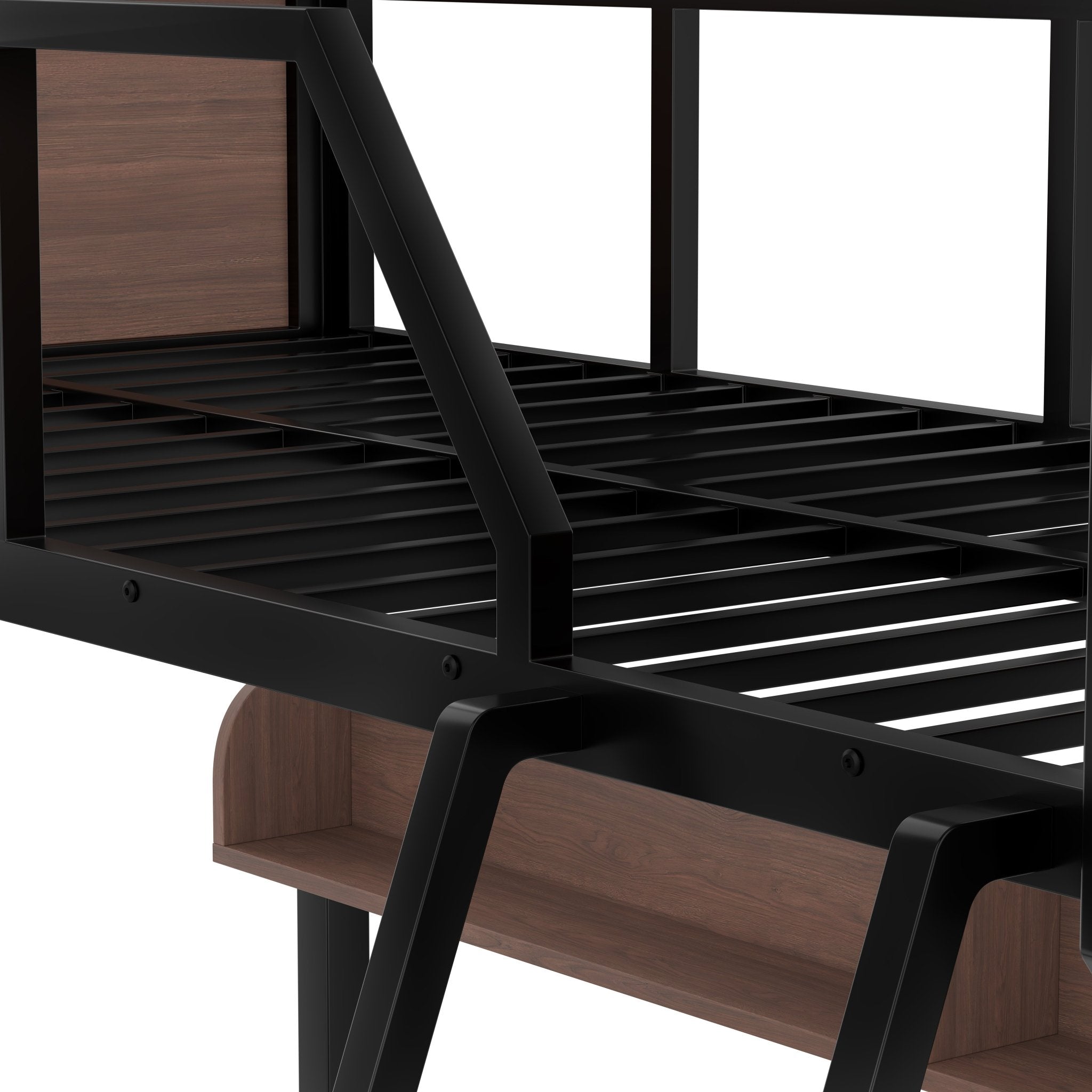 Bellemave® Bunk Beds Twin Over Full Size with Storage Shelves & LED Light, Metal Twin Over Full Bunk Bed Frame with Wood Board & Sturdy Slats, Heavy Duty Bed Frame, Noise Free, Black - Bellemave