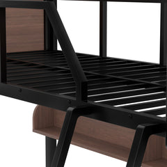 Bellemave® Bunk Beds Twin Over Full Size with Storage Shelves & LED Light, Metal Twin Over Full Bunk Bed Frame with Wood Board & Sturdy Slats, Heavy Duty Bed Frame, Noise Free, Black - Bellemave