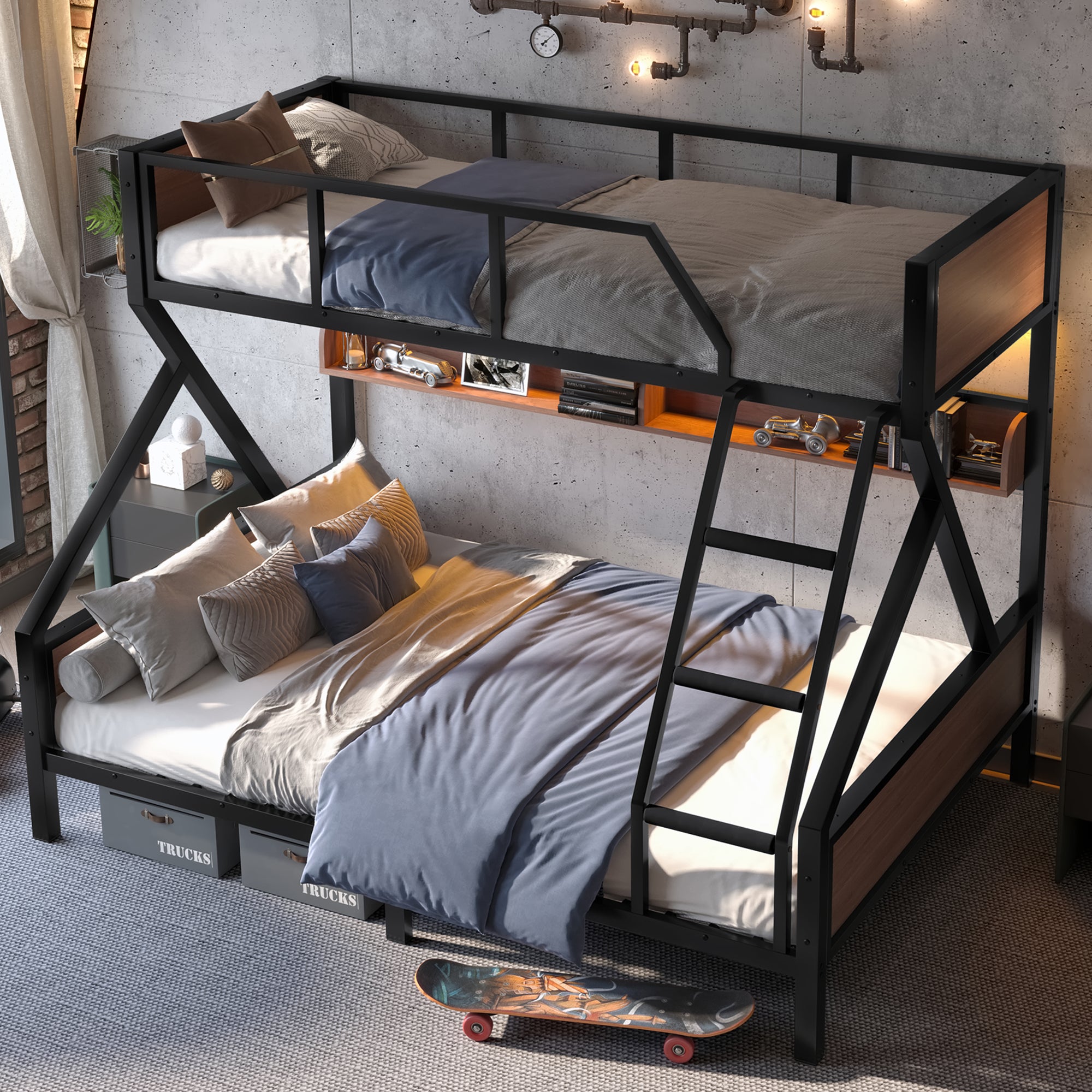 Bellemave® Bunk Beds Twin Over Full Size with Storage Shelves & LED Light, Metal Twin Over Full Bunk Bed Frame with Wood Board & Sturdy Slats, Heavy Duty Bed Frame, Noise Free, Black - Bellemave