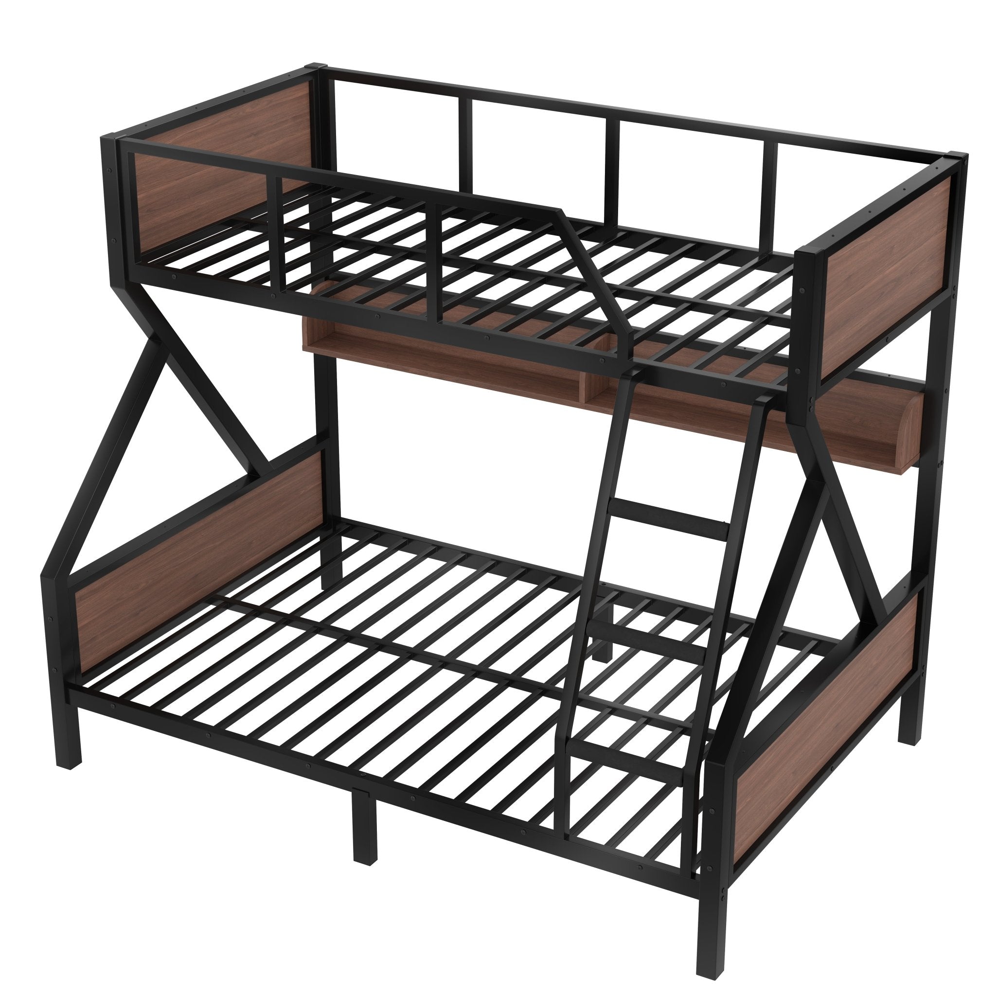 Bellemave® Bunk Beds Twin Over Full Size with Storage Shelves & LED Light, Metal Twin Over Full Bunk Bed Frame with Wood Board & Sturdy Slats, Heavy Duty Bed Frame, Noise Free, Black - Bellemave