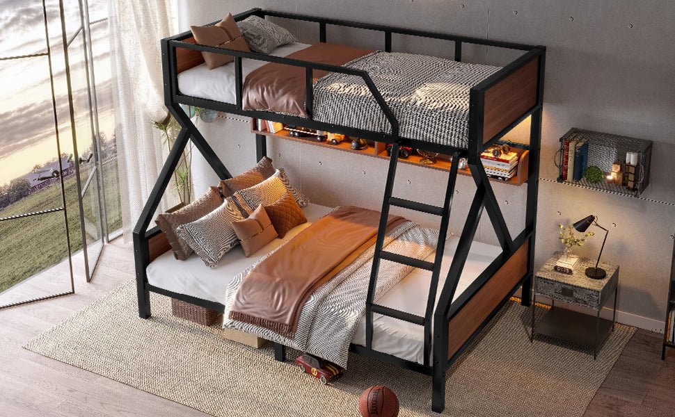 Bellemave® Bunk Beds Twin Over Full Size with Storage Shelves & LED Light, Metal Twin Over Full Bunk Bed Frame with Wood Board & Sturdy Slats, Heavy Duty Bed Frame, Noise Free, Black - Bellemave