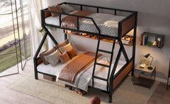 Bellemave® Bunk Beds Twin Over Full Size with Storage Shelves & LED Light, Metal Twin Over Full Bunk Bed Frame with Wood Board & Sturdy Slats, Heavy Duty Bed Frame, Noise Free, Black - Bellemave