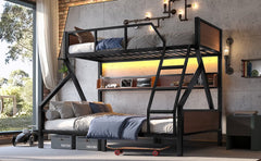 Bellemave® Bunk Beds Twin Over Full Size with Storage Shelves & LED Light, Metal Twin Over Full Bunk Bed Frame with Wood Board & Sturdy Slats, Heavy Duty Bed Frame, Noise Free, Black - Bellemave