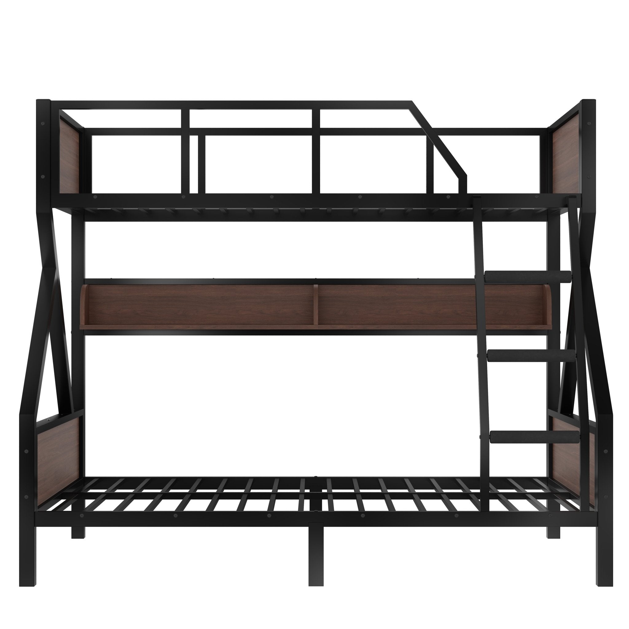Bellemave® Bunk Beds Twin Over Full Size with Storage Shelves & LED Light, Metal Twin Over Full Bunk Bed Frame with Wood Board & Sturdy Slats, Heavy Duty Bed Frame, Noise Free, Black - Bellemave