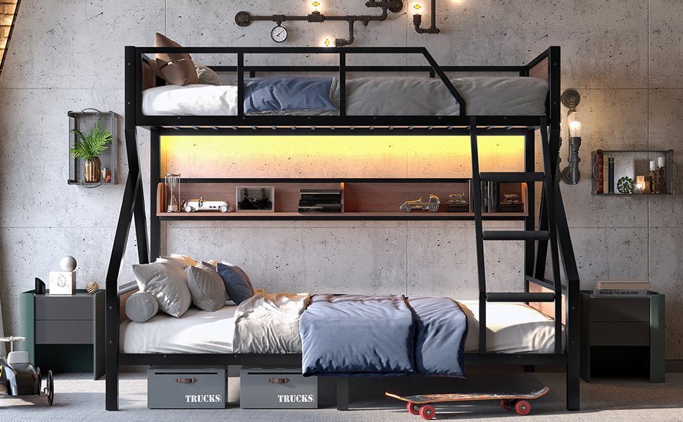Bellemave® Bunk Beds Twin Over Full Size with Storage Shelves & LED Light, Metal Twin Over Full Bunk Bed Frame with Wood Board & Sturdy Slats, Heavy Duty Bed Frame, Noise Free, Black - Bellemave