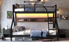 Bellemave® Bunk Beds Twin Over Full Size with Storage Shelves & LED Light, Metal Twin Over Full Bunk Bed Frame with Wood Board & Sturdy Slats, Heavy Duty Bed Frame, Noise Free, Black - Bellemave