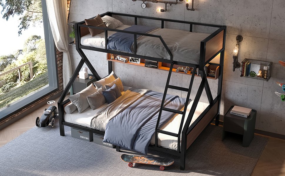 Bellemave® Bunk Beds Twin Over Full Size with Storage Shelves & LED Light, Metal Twin Over Full Bunk Bed Frame with Wood Board & Sturdy Slats, Heavy Duty Bed Frame, Noise Free, Black - Bellemave